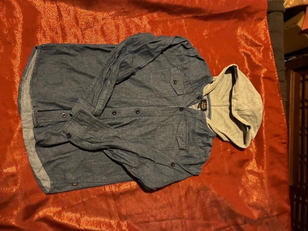 Lee Shirt Jacket Womens L Hooded Denim Chambray Button Front Long Sleeve Casual
